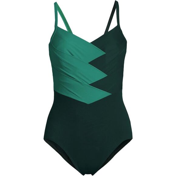 Land's End Women's Plus Green SlenderSuit Pleated Low Leg One Piece Swimsuit 16W - Picture 1 of 10